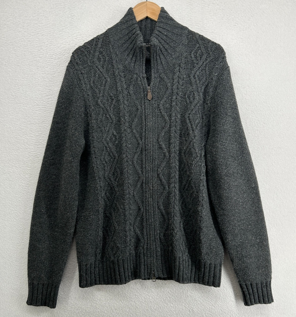BLOOMINGDALES Sweater L Mens Store Wool Cable Cardigan Mock Neck Full Zip Gray